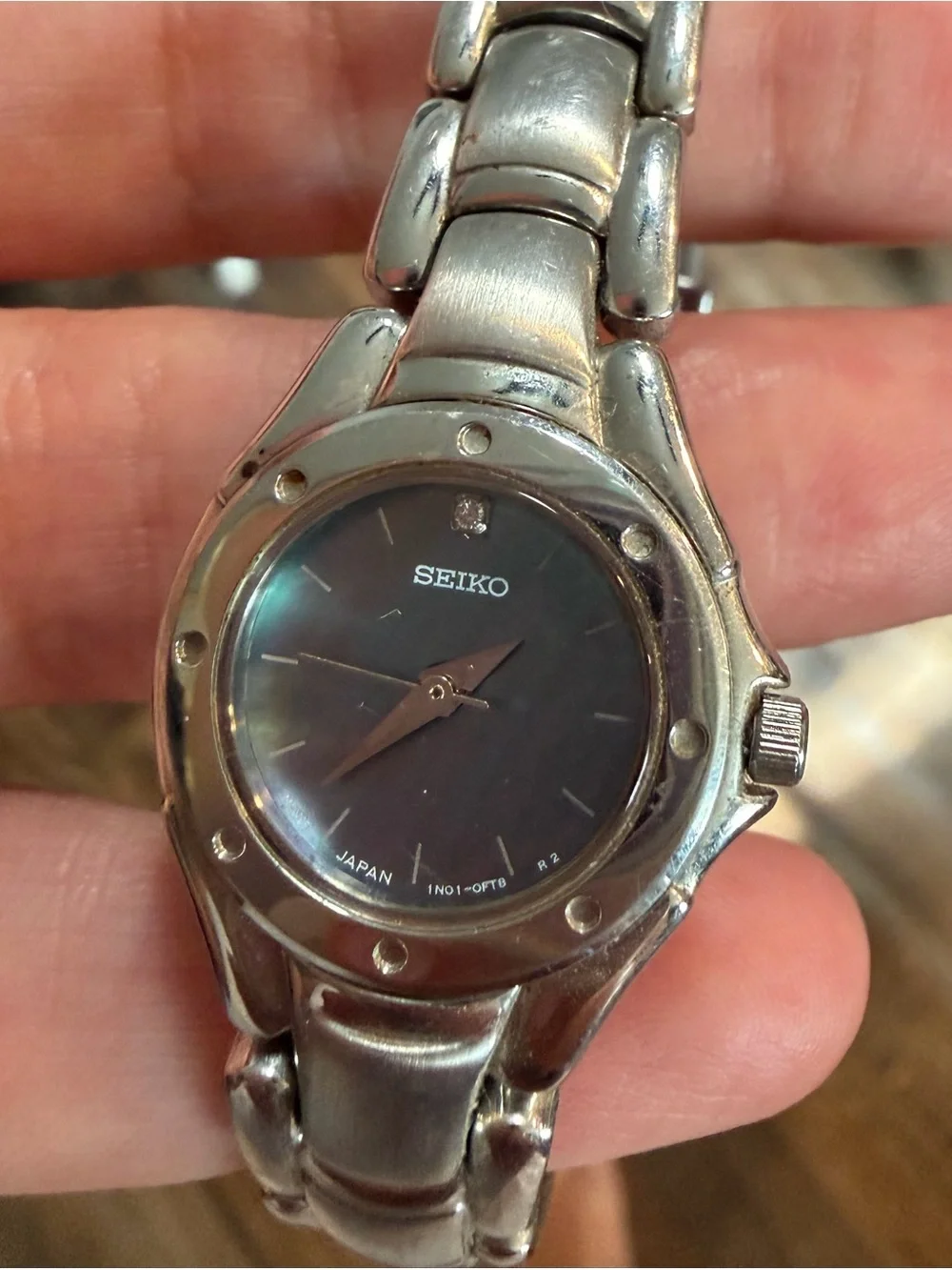 Seiko Silver Stainless Steel Watch  Iridescent mother of pearl face with diamond